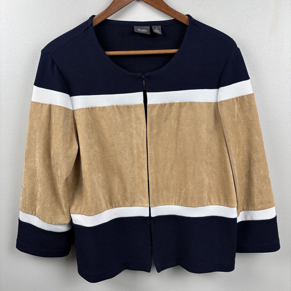 Chico's Travelers Navy & Brown Blazer Jacket Lightweight Career Women's 1 Medium